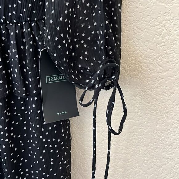 NWT ZARA BLACK STAR DRESS SLIT LONG SLEEVES DRAWSTRING PEPLUM SIZE M - Picture 3 of 7